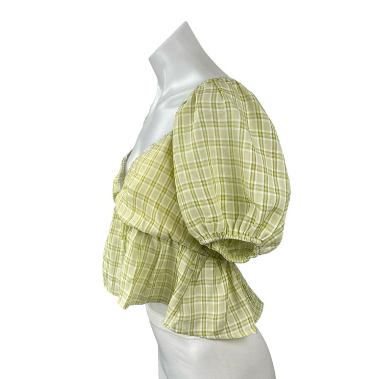Blue Blush Women's Yellow Plaid Check Deep V Neck Puff Sleeve Crop Blouse Top M