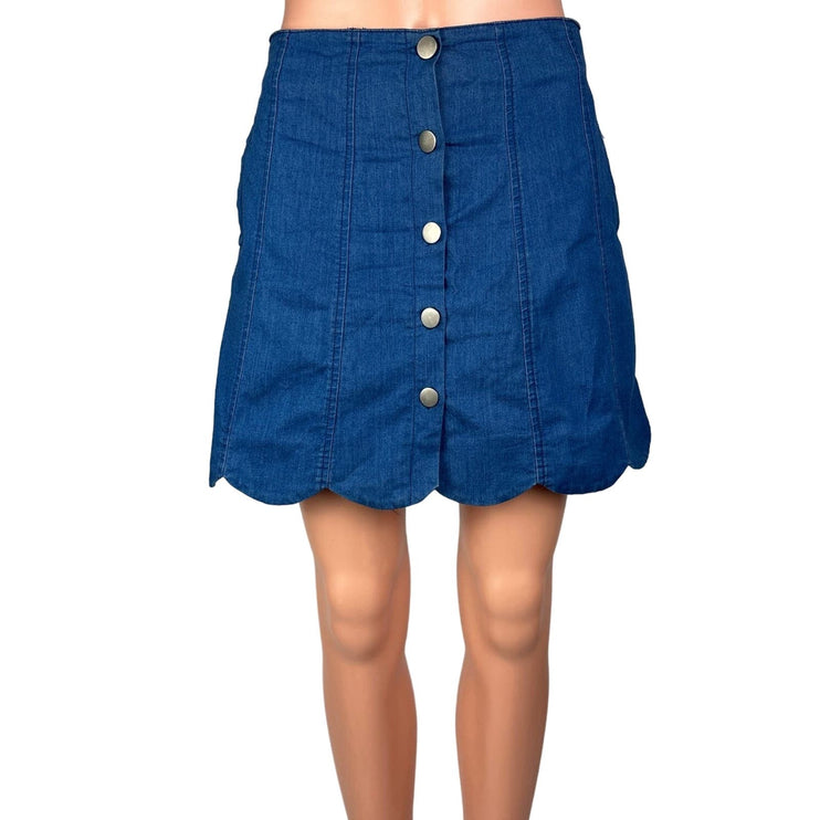 Lush Women's Blue Denim Jean High Rise Scallop A Line Button Down Skirt Size S