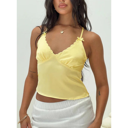 Princess Polly Yellow Silk Satin Sleeveless Scalloped Bow Cami Crop Top Size 8