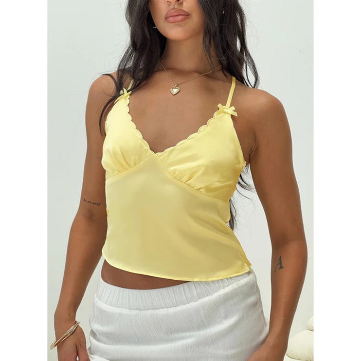 Princess Polly Yellow Silk Satin Sleeveless Scalloped Bow Cami Crop Top Size 8