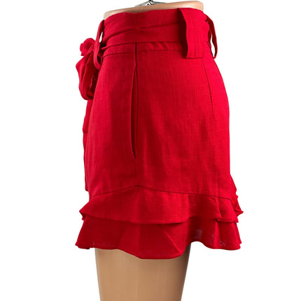 Chriselle JOA Women's Red High Waisted Belted Ruffle Tiered Mini Shorts Size XS