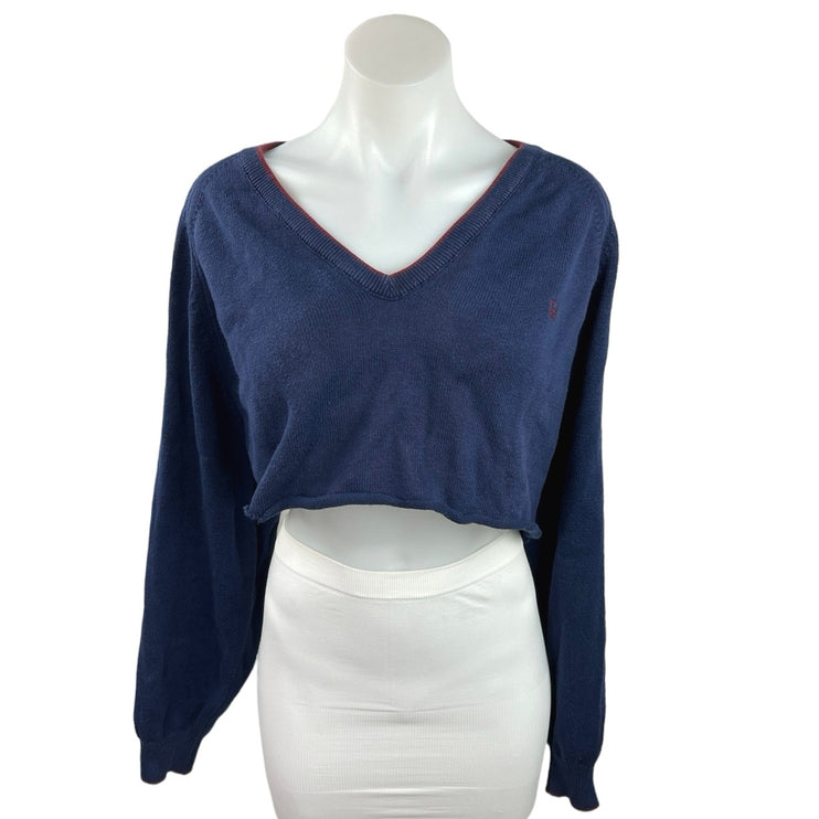 Upcycled Christian Dior Monsieur Blue V Neck Ribbed Knit Crop Sweater Top Sz M