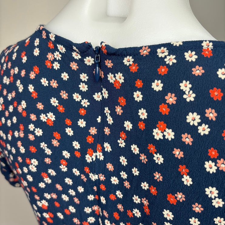 Madewell Women Navy Blue Daisy Floral Button Up Short Tie Sleeve Mini Dress Sz 4