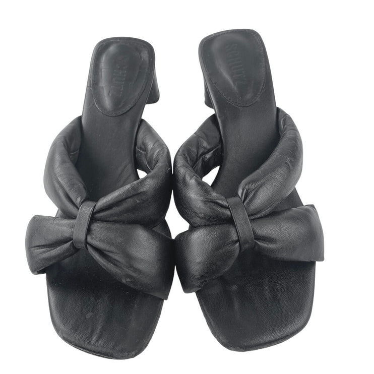 Schutz Fairy Mid Black Leather Square Toe Block Heels Slip On Sandals Size 7.5B
