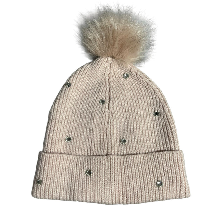 Michael Kors Cream Crystal Rhinestone Embellished Rib Cuff Hat Beanie One Size