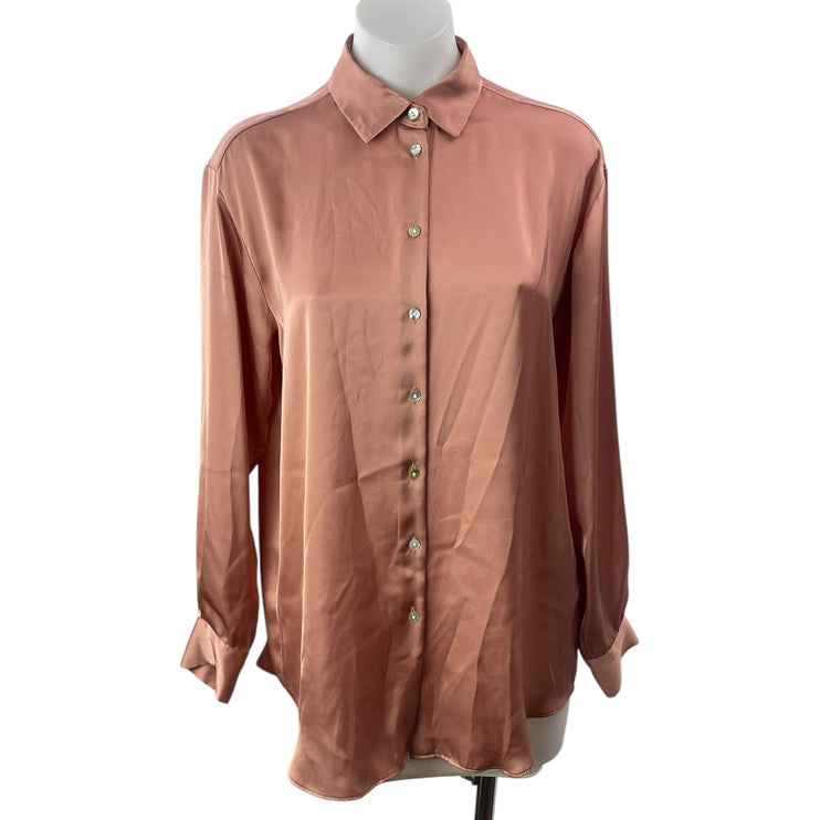 Zara Women's Rose Pink Silk Satin Long Sleeve Button Down Shirt Top Size XS