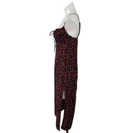 Princess Polly Black Red Floral Sleeveless Tie Slit Cami Midi Slip Dress Size 6