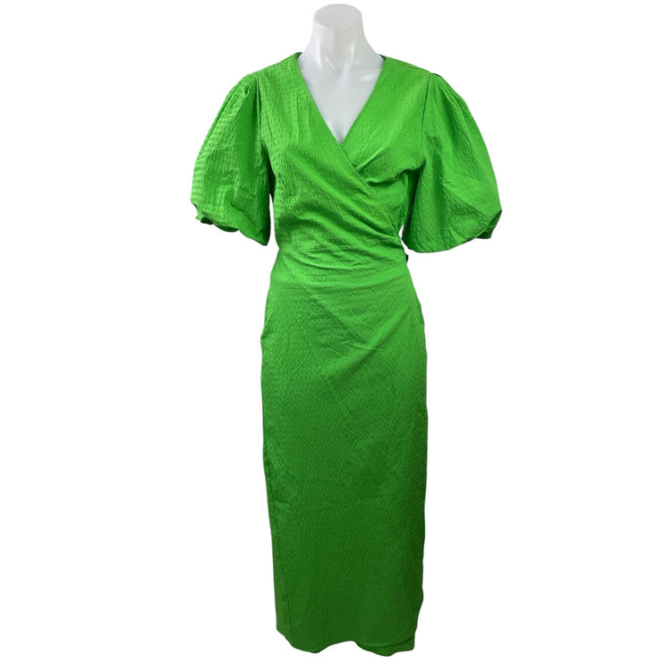 H&M Green Short Balloon Sleeve V Neck Tie Waist V Neck Wrap Maxi Dress Size XS