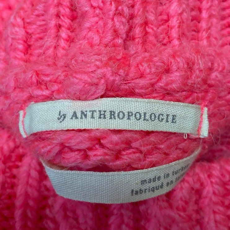 Anthropologie Pink Wool Chunky Cable Knit Mock Neck Long Sleeve Sweater Top Sz L