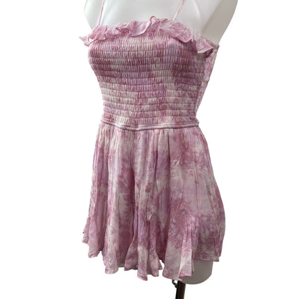 ROWA Pink Floral Ruffle Smocked Sleeveless Pleated Cami Romper Shorts Size S