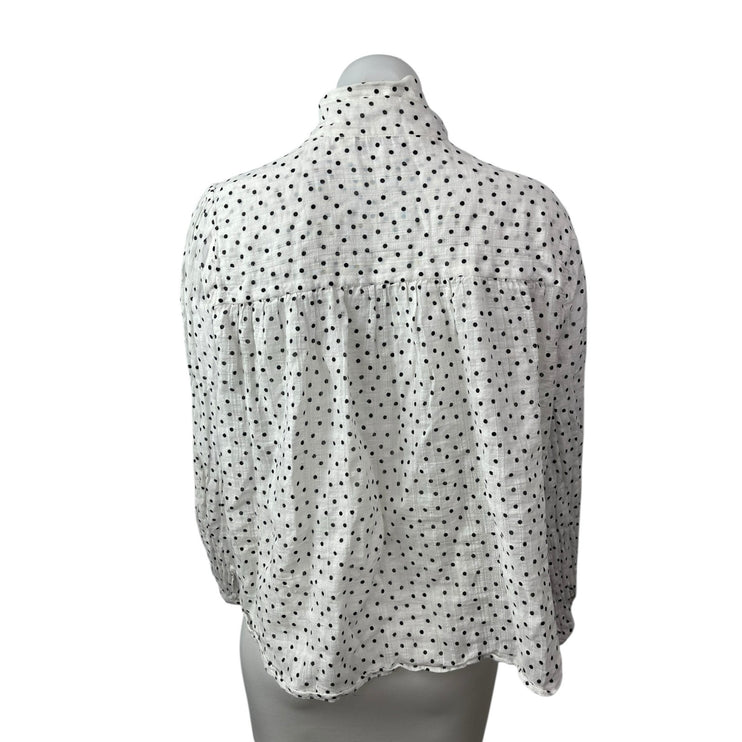 Zara Women's White Polka Dots Balloon Long Sleeve Tie High Neck Blouse Top Sz L