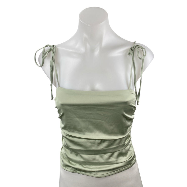 Hollister Women's Green Silk Satin Ruched Smocked Tie Cami Tank Crop Top Size XS