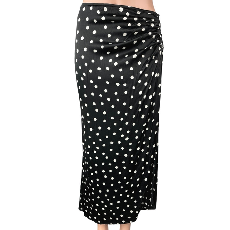 Zara Black White Silk Satin Polka Dots High Waist Ruched Midi Slip Skirt Size S