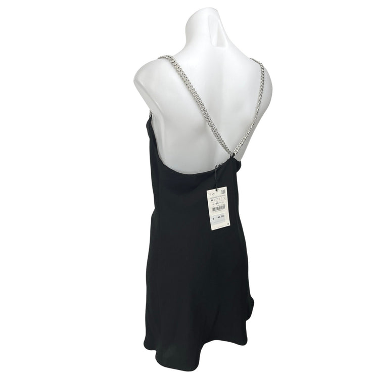 NEW Zara Women's Black Chain Beaded Strap Cowl Neck Mini Bodycon Dress Size M