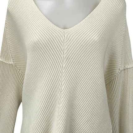 Free People White Ivory Ribbed Knit V Neck Patchwork Long Sleeve Sweater Top L