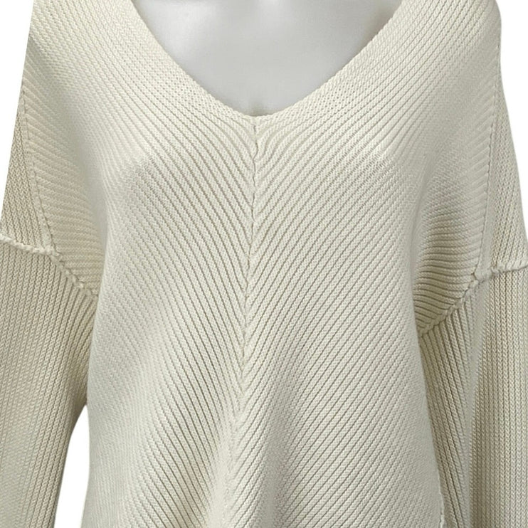 Free People White Ivory Ribbed Knit V Neck Patchwork Long Sleeve Sweater Top L