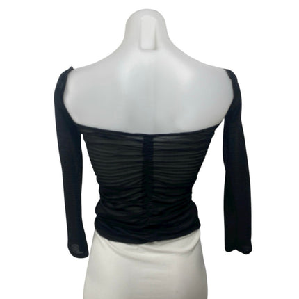 Zara Black Ruched Chiffon Sheer Square Neck Long Sleeve Crop Blouse Top Size S