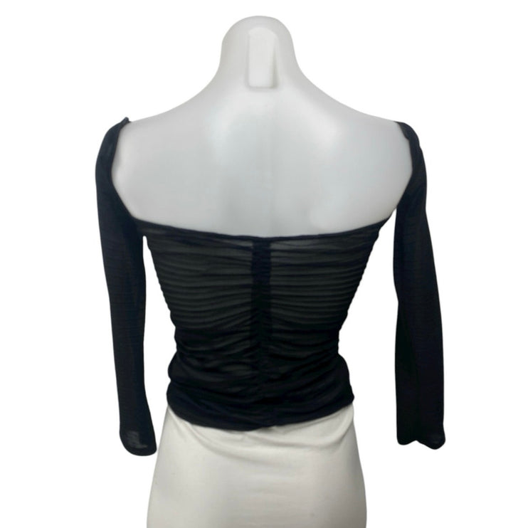 Zara Black Ruched Chiffon Sheer Square Neck Long Sleeve Crop Blouse Top Size S
