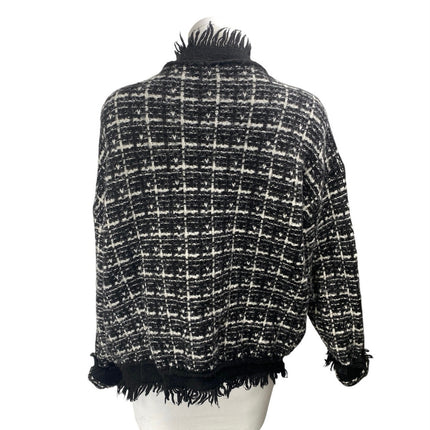 Robertson + Rodeo Women's Black Wool Tweed Fringe Knit Cardigan Sweater Top M/L