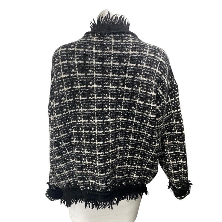 Robertson + Rodeo Women's Black Wool Tweed Fringe Knit Cardigan Sweater Top M/L