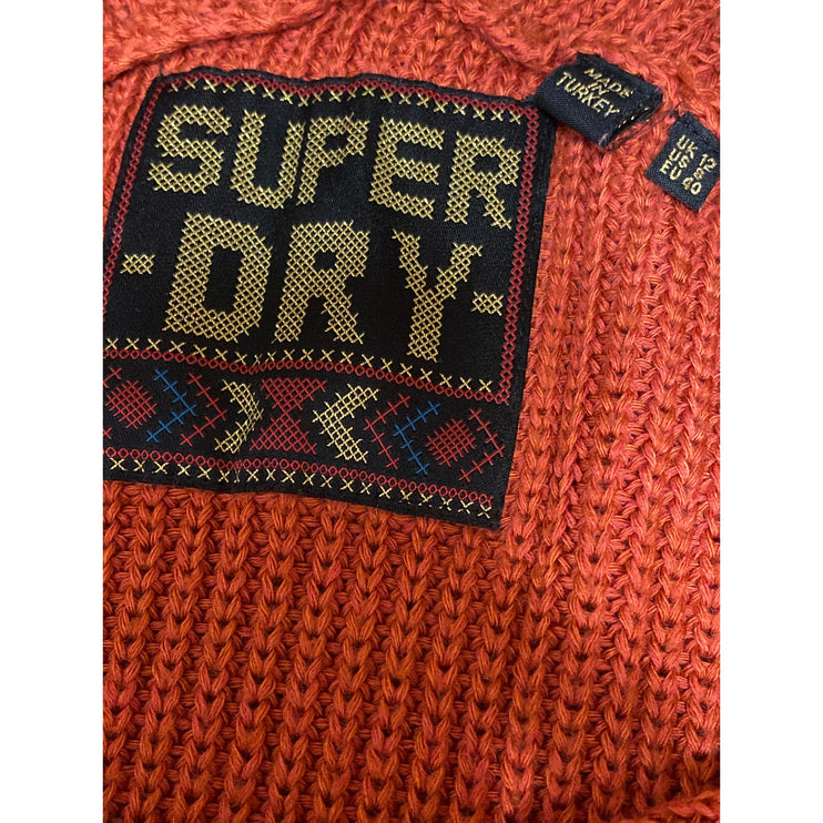 Super Dry Women's Rust Coral Ribbed Knit V Neck Long Sleeve Sweater Top Size 8