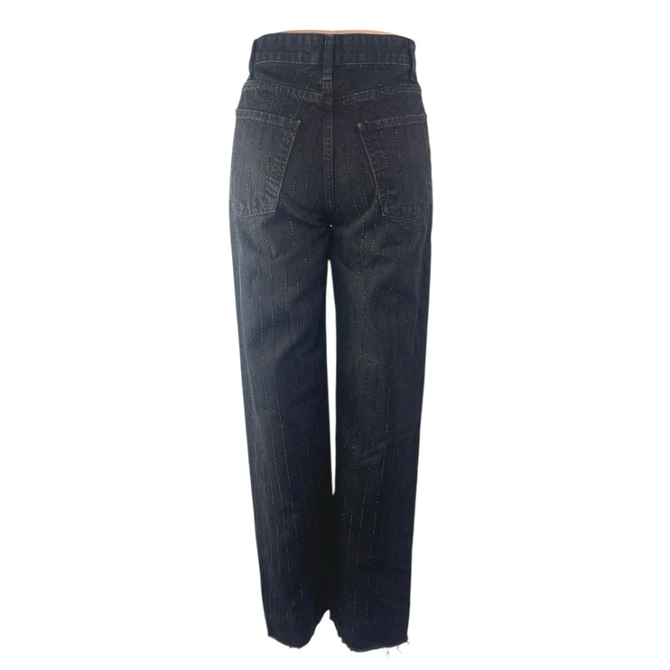 Zara Women's Black Beaded Rhinestone High Waist Wide Leg Denim Mom Jeans Size 2