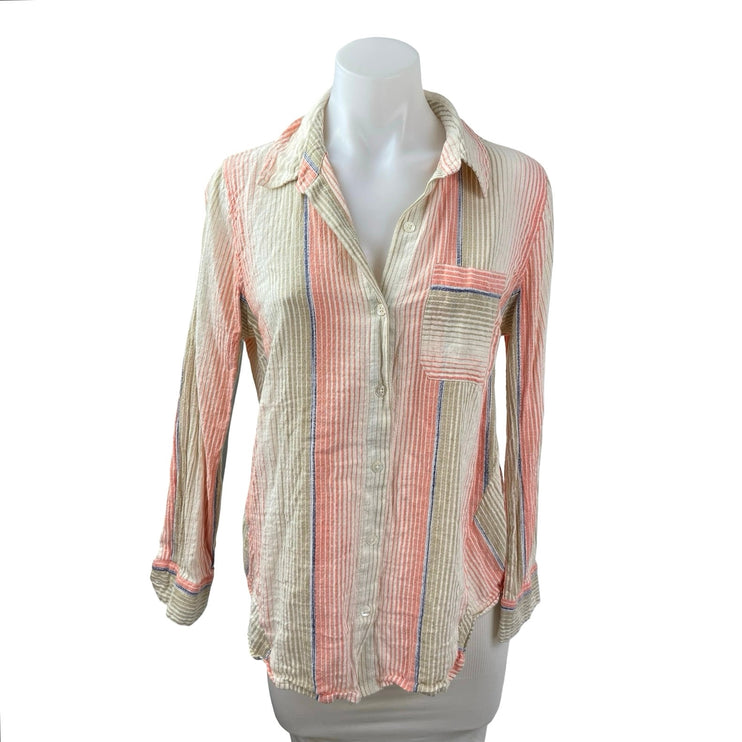 Liverpool Women's Beige Coral Striped Long Sleeve Button Down Shirt Top Size S
