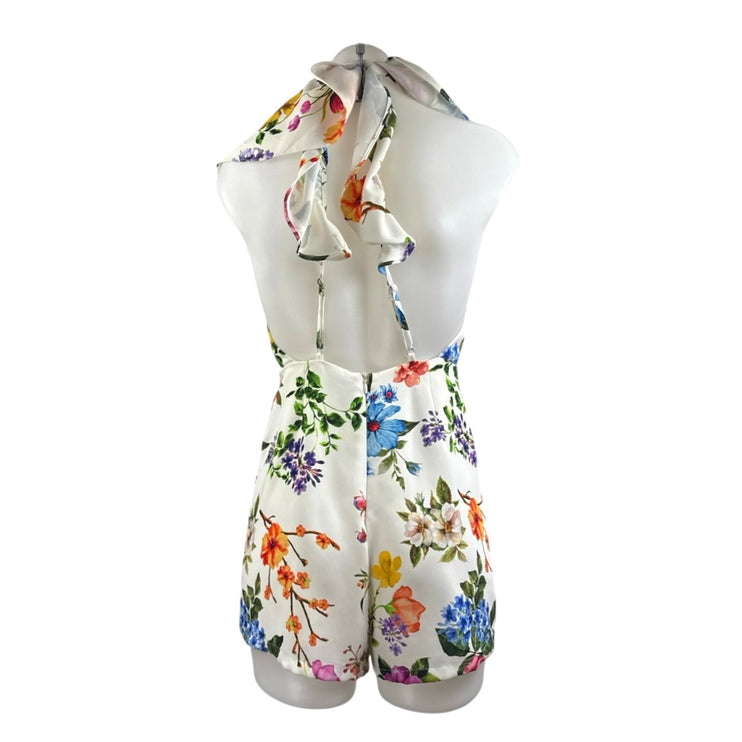 Do+Be White Multicolor Floral Sleeveless Ruffle Open Back Jumpsuit Romper Size S