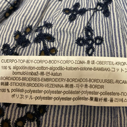 Zara Blue Floral Embroidered Striped Tassel Short Sleeve Babydoll Blouse Top S