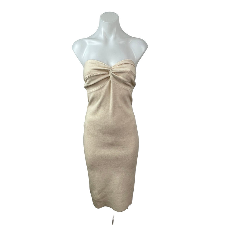 NEW Lillusory Beige Knit Twist Front Strapless Tube Bandeau Midi Bodycon Dress S