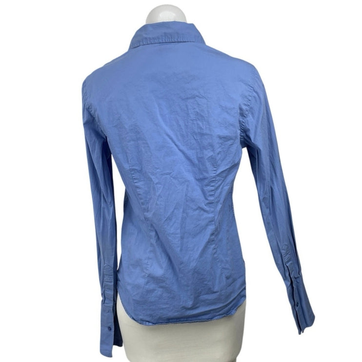 MODA International Women's Blue Slim Long Sleeve V Neck Button Down Shirt Top M