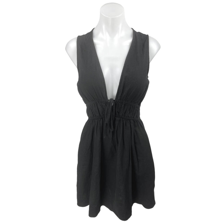 NEW Madewell Sophia Black Linen Sleeveless V-Neck Mini Fit & Flare Tank Dress XS