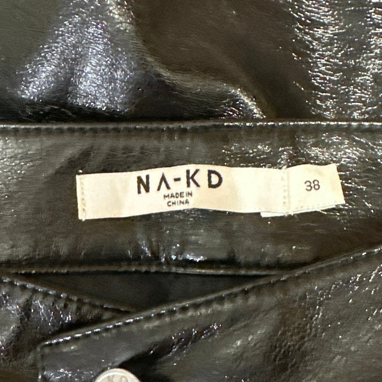 NA-KD Women's Black Faux Vegan Leather Wide Leg High Waisted Trousers Pants 38