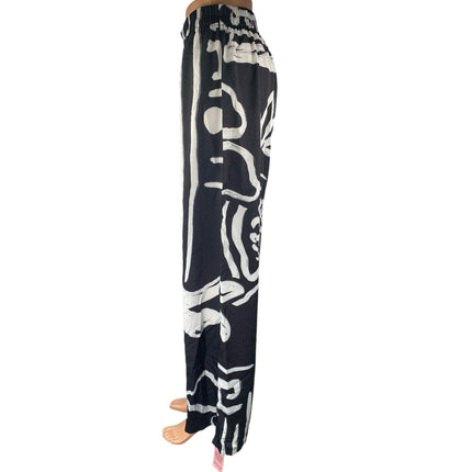 NEW PrettyLittleThing Black White Floral Monochrome Wide Leg Beach Pants Size S