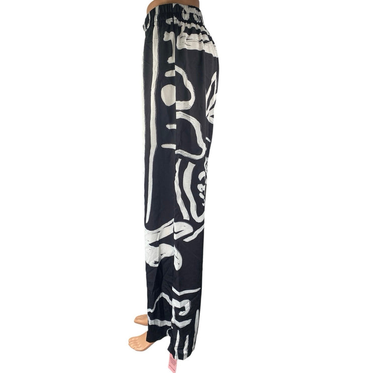 NEW PrettyLittleThing Black White Floral Monochrome Wide Leg Beach Pants Size S