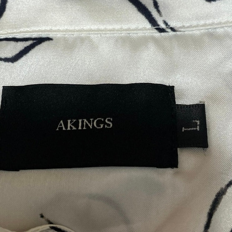 Akings Men's White Silky Satin Floral Print Long Sleeve Button Down Shirt Top L