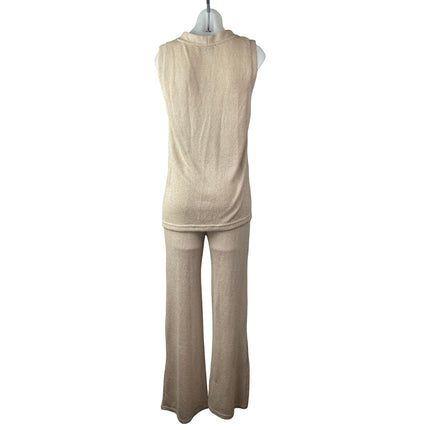 MNG Mango Beige Knit Sleeveless Button Up V Neck Wide Leg Pants 2 Pc Set Size S