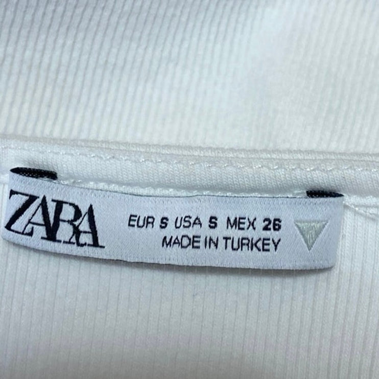 Zara Women's White Short Puff Sleeve V Neck Ribbed Knit Blouse Crop Top Size S