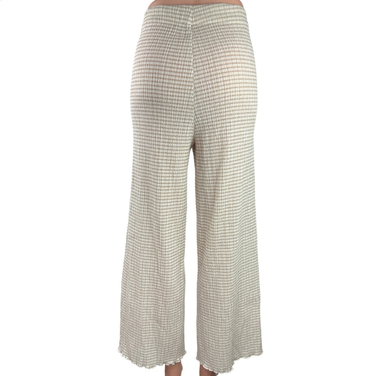 Aritzia Verona White Tan Wide-leg Seersucker Elastic Waist Crop Pants Trousers M