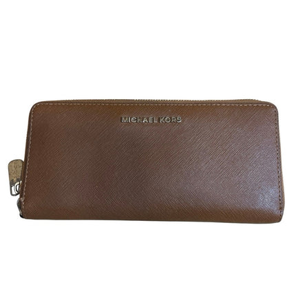 Michael Kors Brown Saffiano Leather 3 Slots Cards Zip Around Pouch Wallet OS