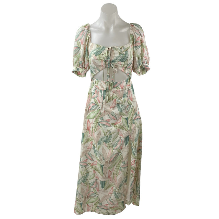 Lulus Thriving Moment Floral Cut Out Ruched Puff Sleeve Midi A-Line Dress Sz XS