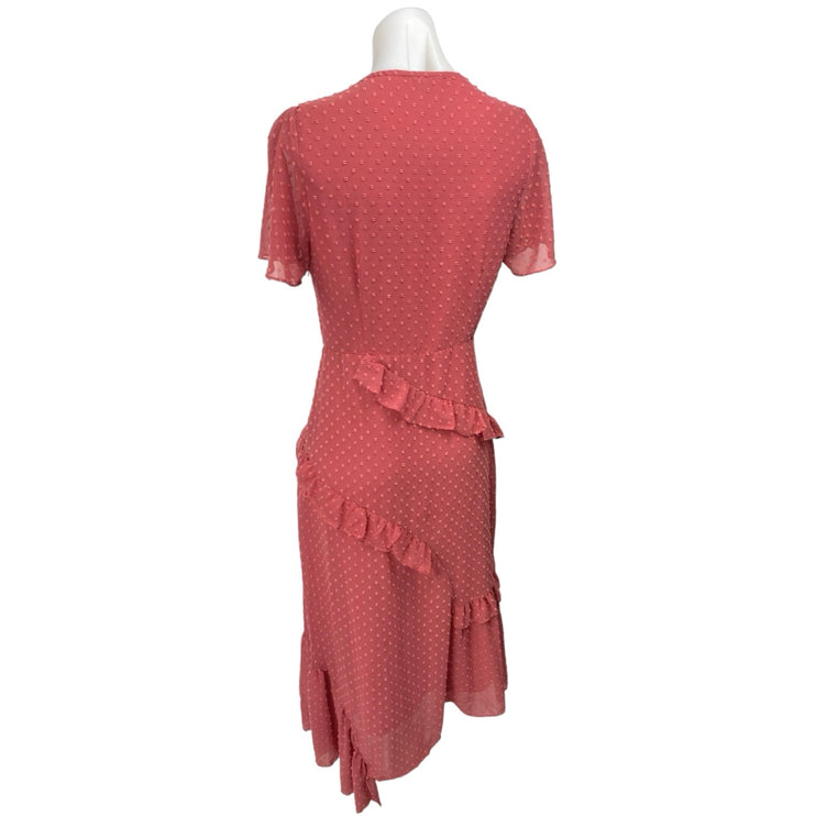 Lulus Pink Short Sleeve Swiss Dot Ruffle Tiered Faux Wrap A Line Midi Dress Sz S
