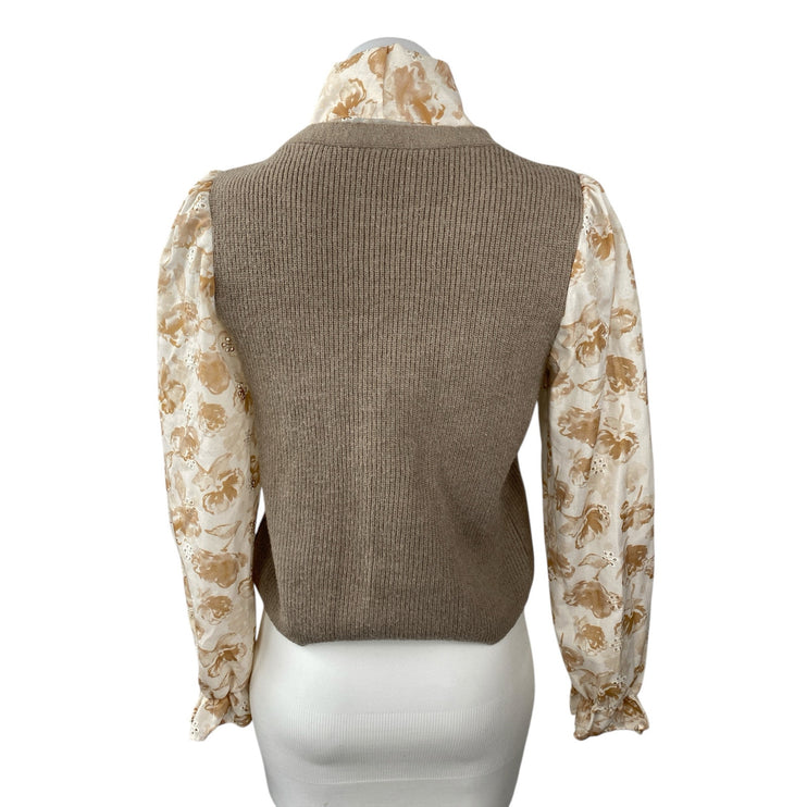Alice Blue Brown Floral Long Sleeve Blouse Ribbed Sweater Vest Layered Top Sz M