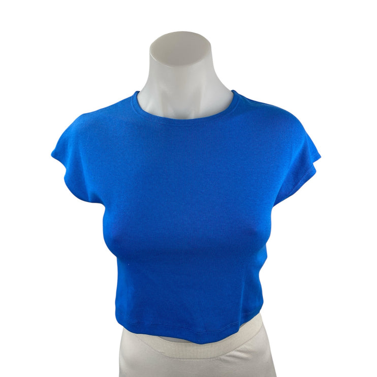 Zara Blue Crew Neck Short Sleeve Slim Fit Crop Baby Tee Basic T-Shirt Top Size L
