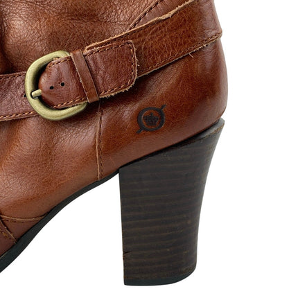 BORN Nuri Women's Brown Leather Harness Round Toe Heeled Ankle Boots Size 9