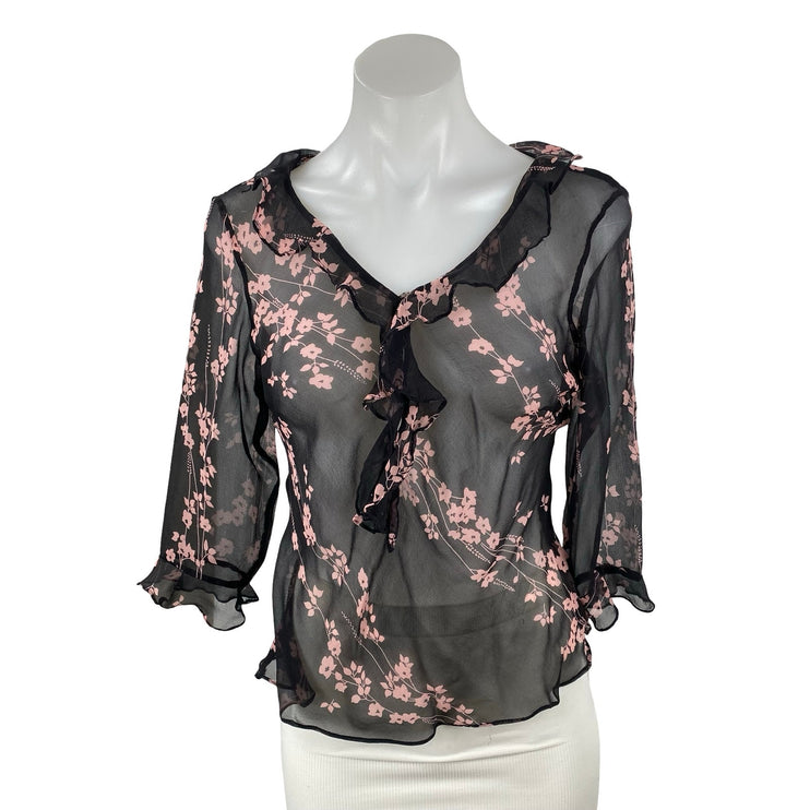 Women's Black Pink Floral Mesh Sheer Ruffle V Neck Half Sleeve Blouse Top Size S