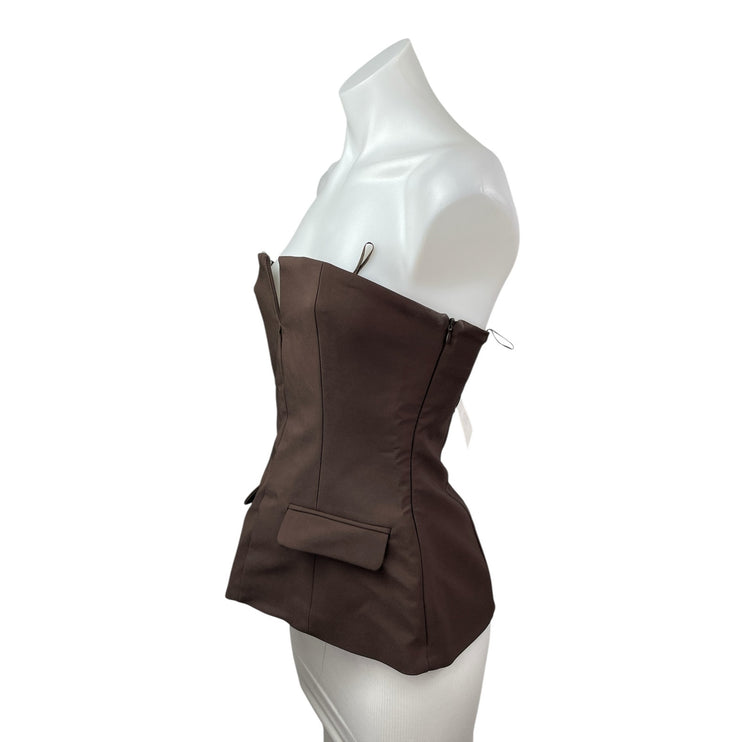 NEW Zara Women's Brown Strapless V Neck Tube Bandeau Pocket Blouse Top Size S