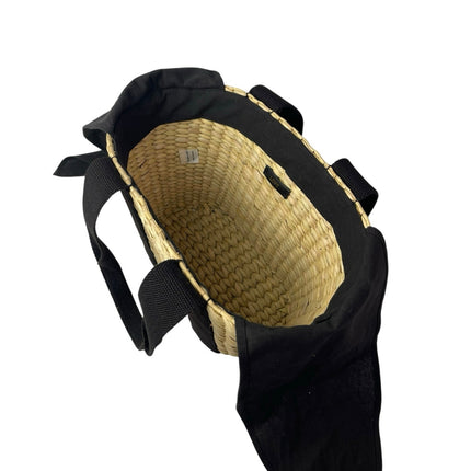 NEW LOFT Tan Black Woven Straw Canvas Straps Basket Tote Handbag One Size
