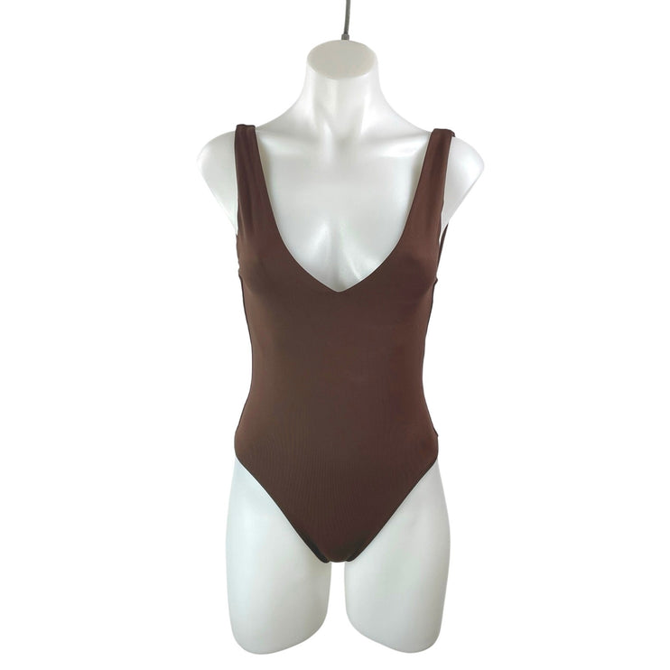Aritzia Babaton Contour Womens Brown Sleeveless V-neck Tank Thong Bodysuit Top S