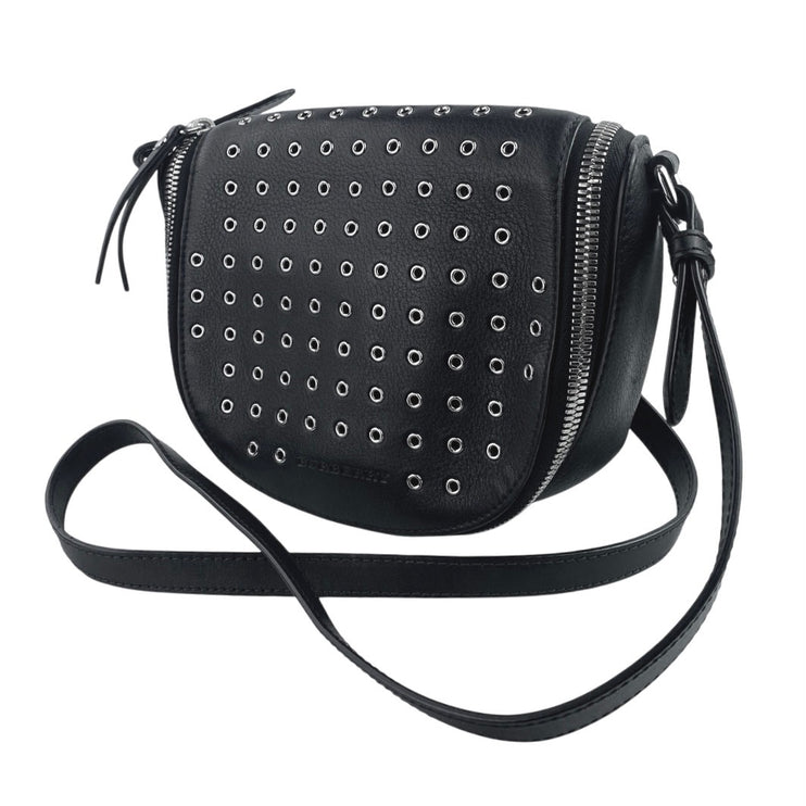 Burberry Black Eyelet Leather Metal Studded Zip Adjustable Crossbody Handbag OS